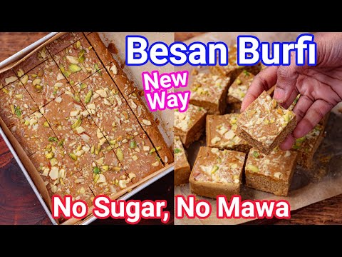 Besan Barfi – New Way without Sugar & Mawa | Fail Froof Crunchy Besan Burfi Recipe with Jaggery